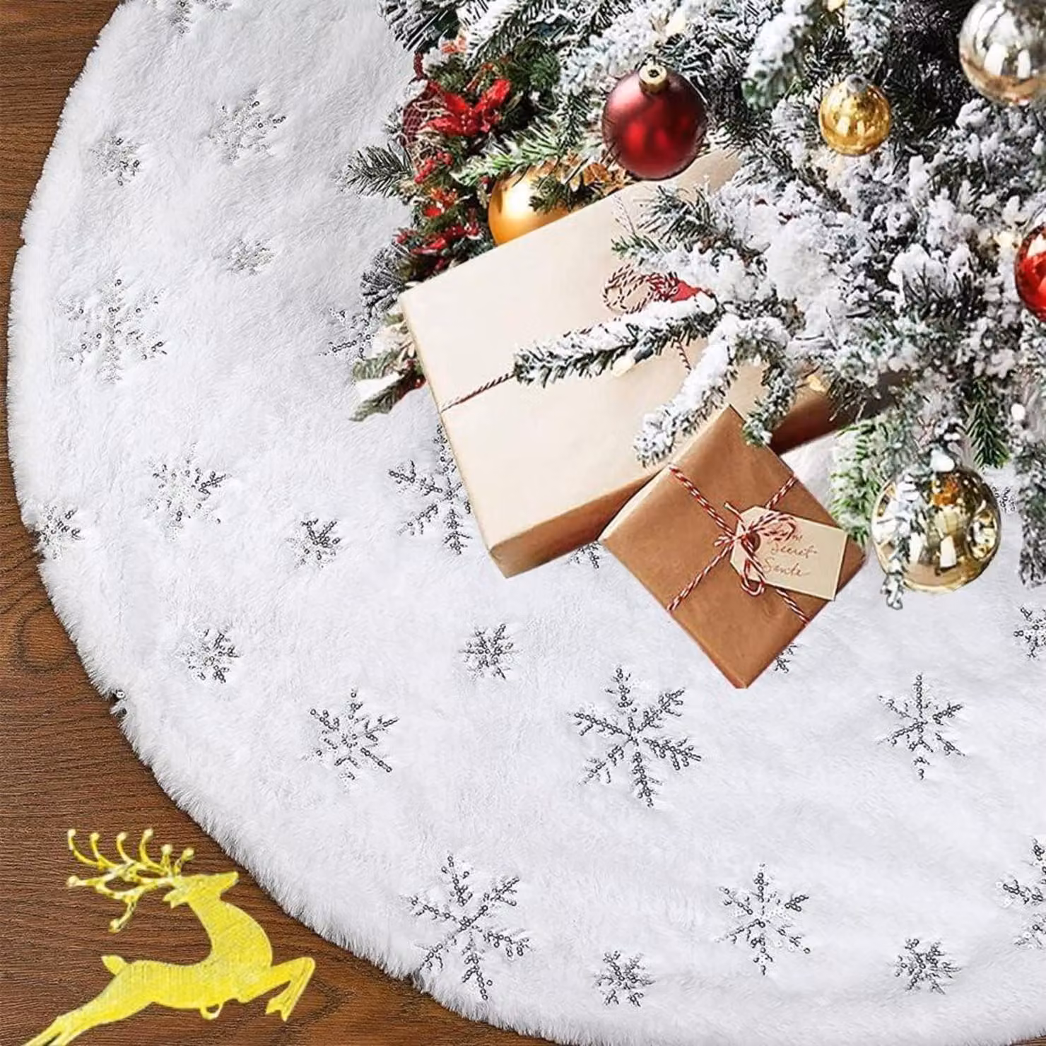 Decorazione per albero di Natale, forma di roccia, 90 cm, in peluche con fiocchi di neve dorati