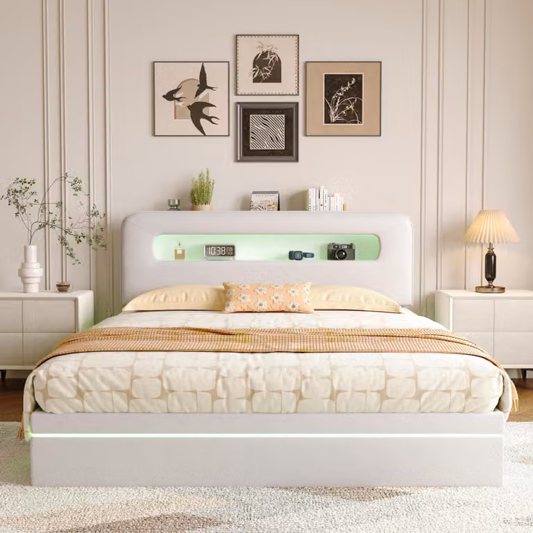 Letto imbottito Fortuna Lai 160x200cm con letto per ragazzi a LED e contenitore, rete idraulica, testata con vani portaoggetti e illuminazione della testata, beige, velluto