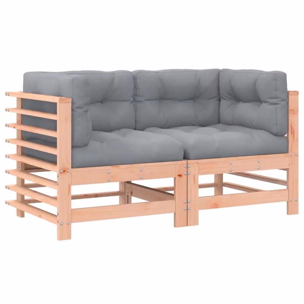 Divano angolare componibile con 2 cuscini in tessuto grigio e struttura in legno massello di Douglas, design moderno per giardino o terrazza – 2