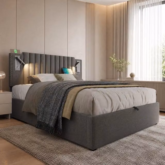Letto matrimoniale 160x200 cm con contenitore; luce LED e USB-C; testiera regolabile; grigio