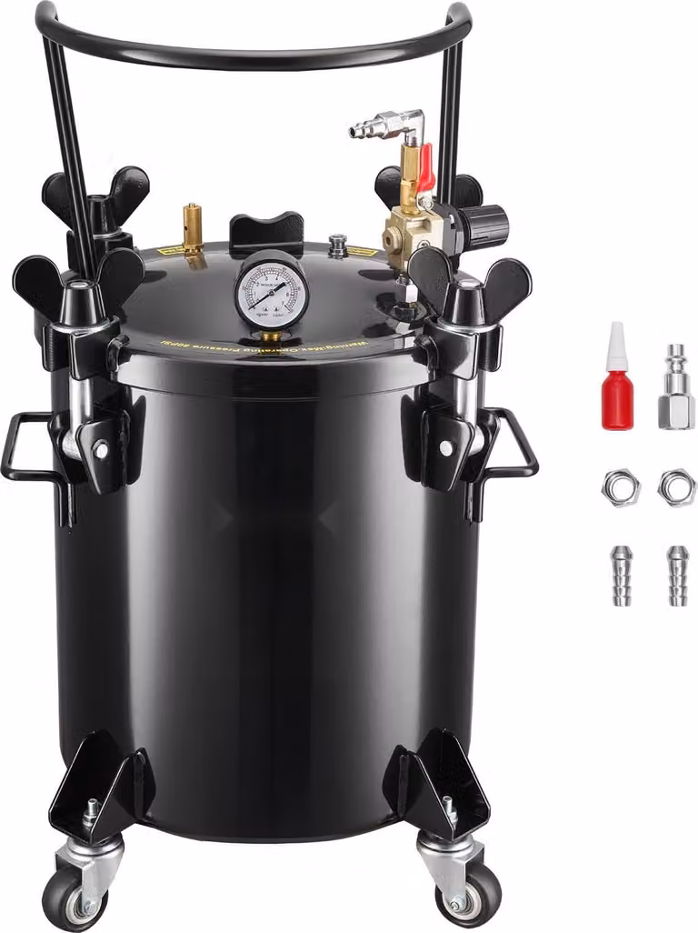 Contenitore a pressione per verniciatura/contenitore a pressione per vernici - Serbatoio a pressione da 20 litri - In acciaio - Due attacchi EU/AU - Ampia apertura - Quattro rotelle - Per pistola a spruzzo