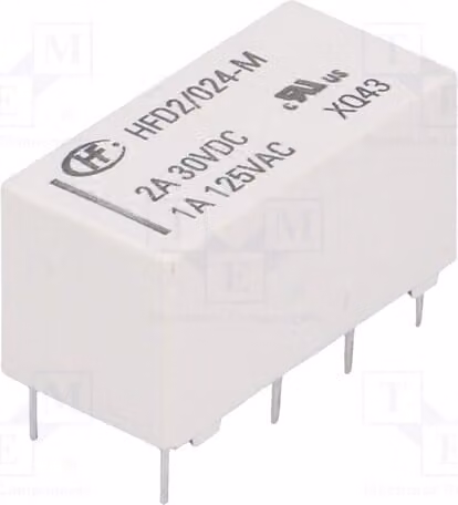 1 relè: elettromagnetico, 1A/125VAC. Bobina: 24VDC, 3A, modello HFD2/024-M. Relè elettromagnetico