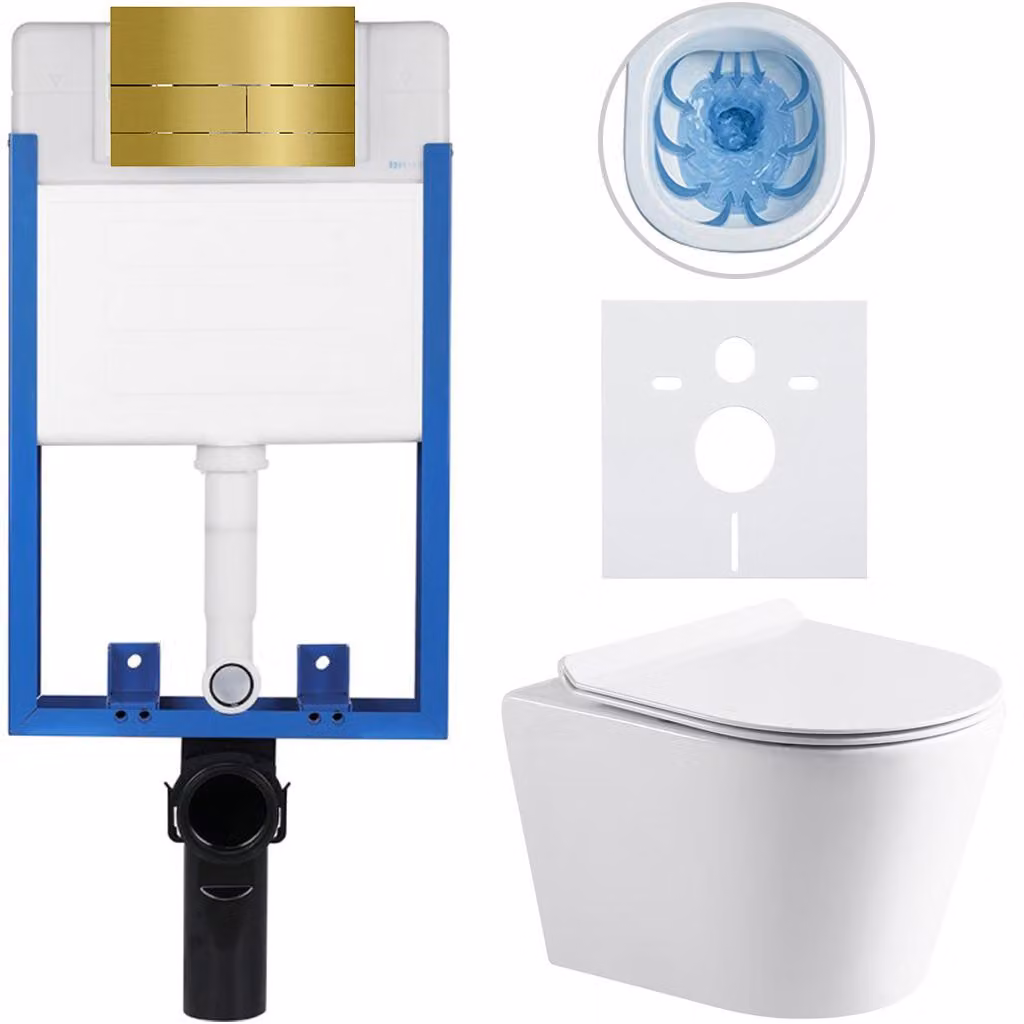 CERANO - Set completo per WC da incasso Lite/Norbi - bianco lucido - Pulsante per WC Line, dorato - da incasso - 48,5x36,5 cm