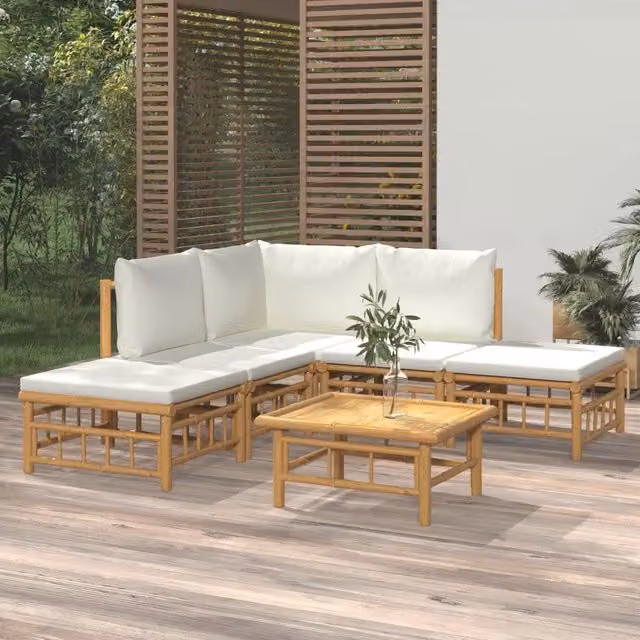Set Salotto da Giardino 6pz con Cuscini Bianco Crema in Bambù 3155175