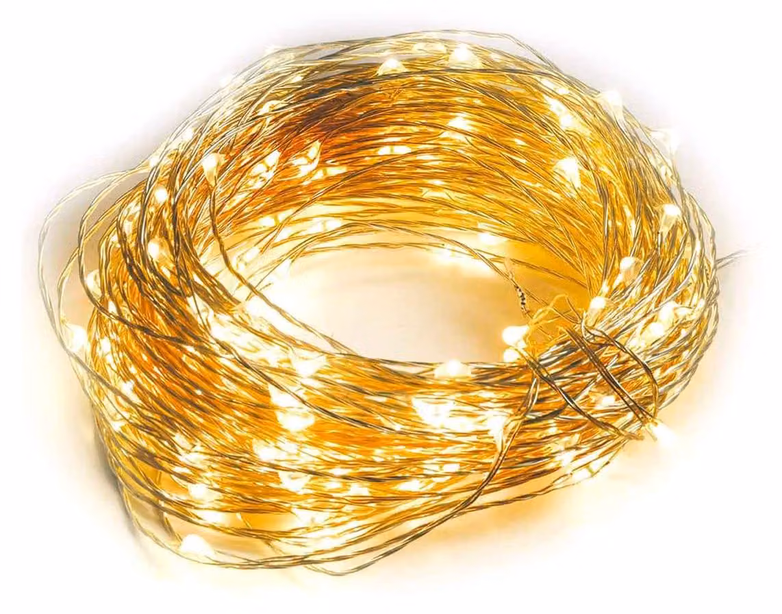 Catena luminosa a LED con filo di rame, 2 metri, luce bianco caldo, alimentazione a 3 batterie AA