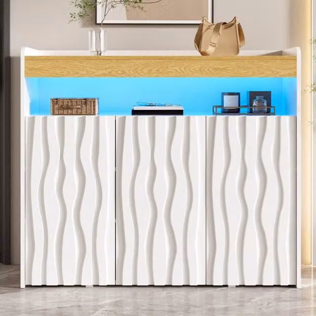 Credenza moderna OKWISH con illuminazione LED integrata, frontale ondulato e 3 ante, colore bianco, ideale per soggiorno, ingresso o camera da letto