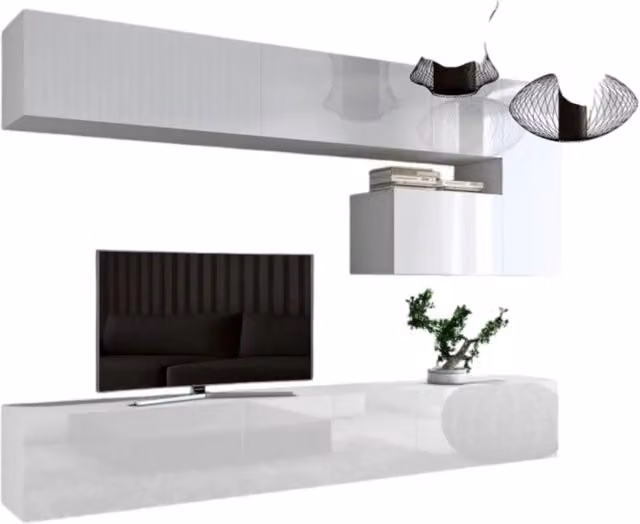 Set di mobili da soggiorno sospesi Meublorama collezione CEPTO, 8 elementi bianchi e multicolore con illuminazione LED integrata, L: 251 cm – 1