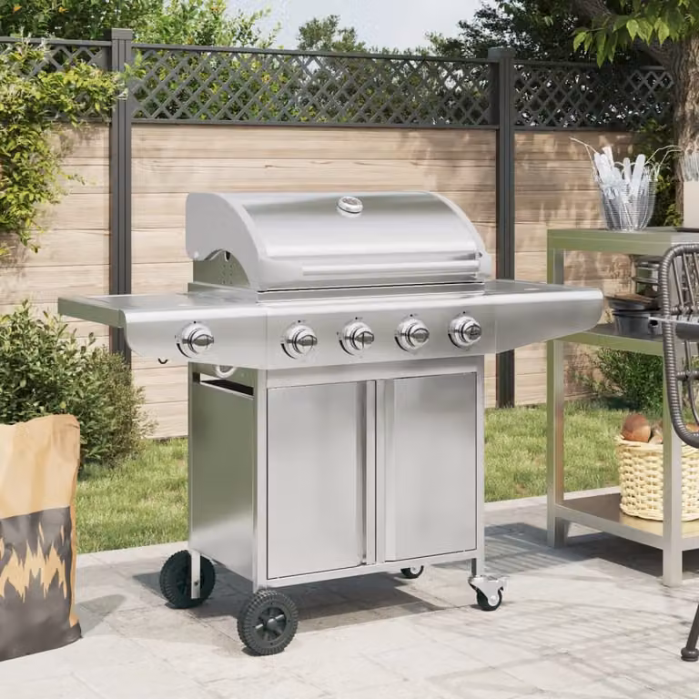 Griglia Barbecue a Gas vidaXL in Acciaio Inox Argento con 5 Bruciatori, Termometro e Ruote