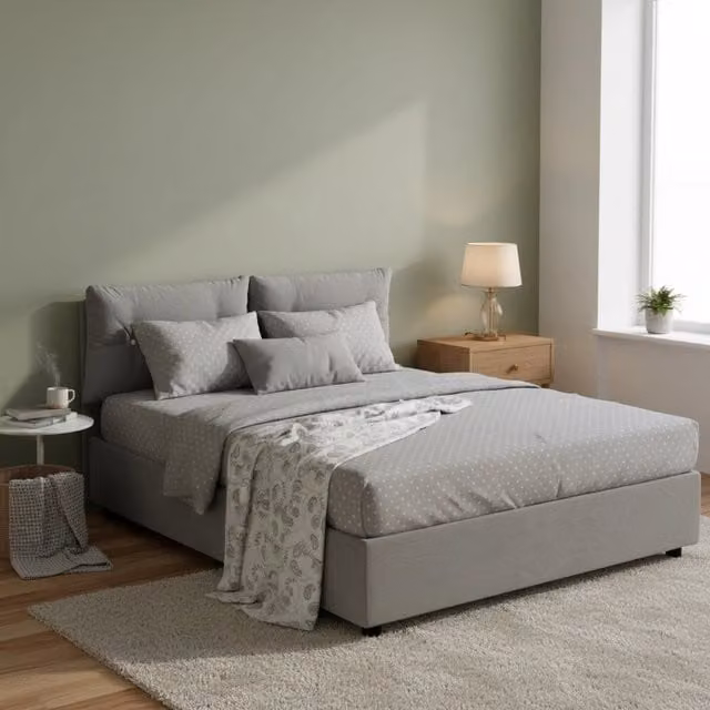 Letto Matrimoniale Moderno Talamo Italia con Contenitore a Alzata e Materasso in Schiuma, Grigio, 160x200 cm
