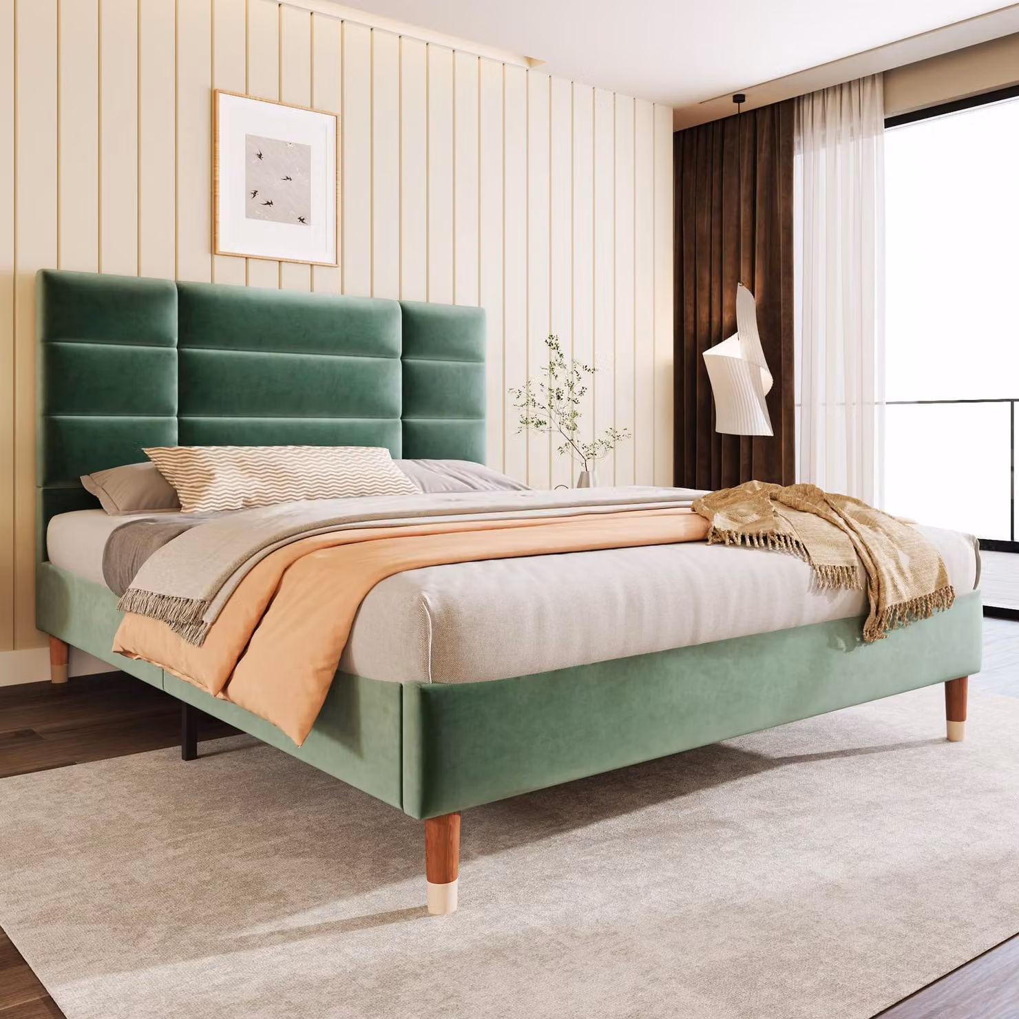 letto imbottito okwish 140x200cm letto matrimoniale con materasso, letto in legno con struttura in acciaio, struttura letto e letto per ragazzi con 4 gambe in plastica e 3 gambe di supporto in metallo, in velluto, verde scuro