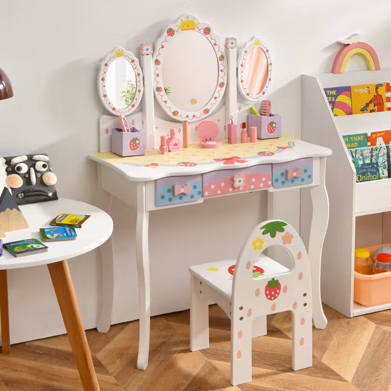 Set da toilette per bambini COSTWAY, toilette da principessa con specchio pieghevole, sgabello per il trucco e 3 cassetti, toilette da trucco per bambine (bianco)