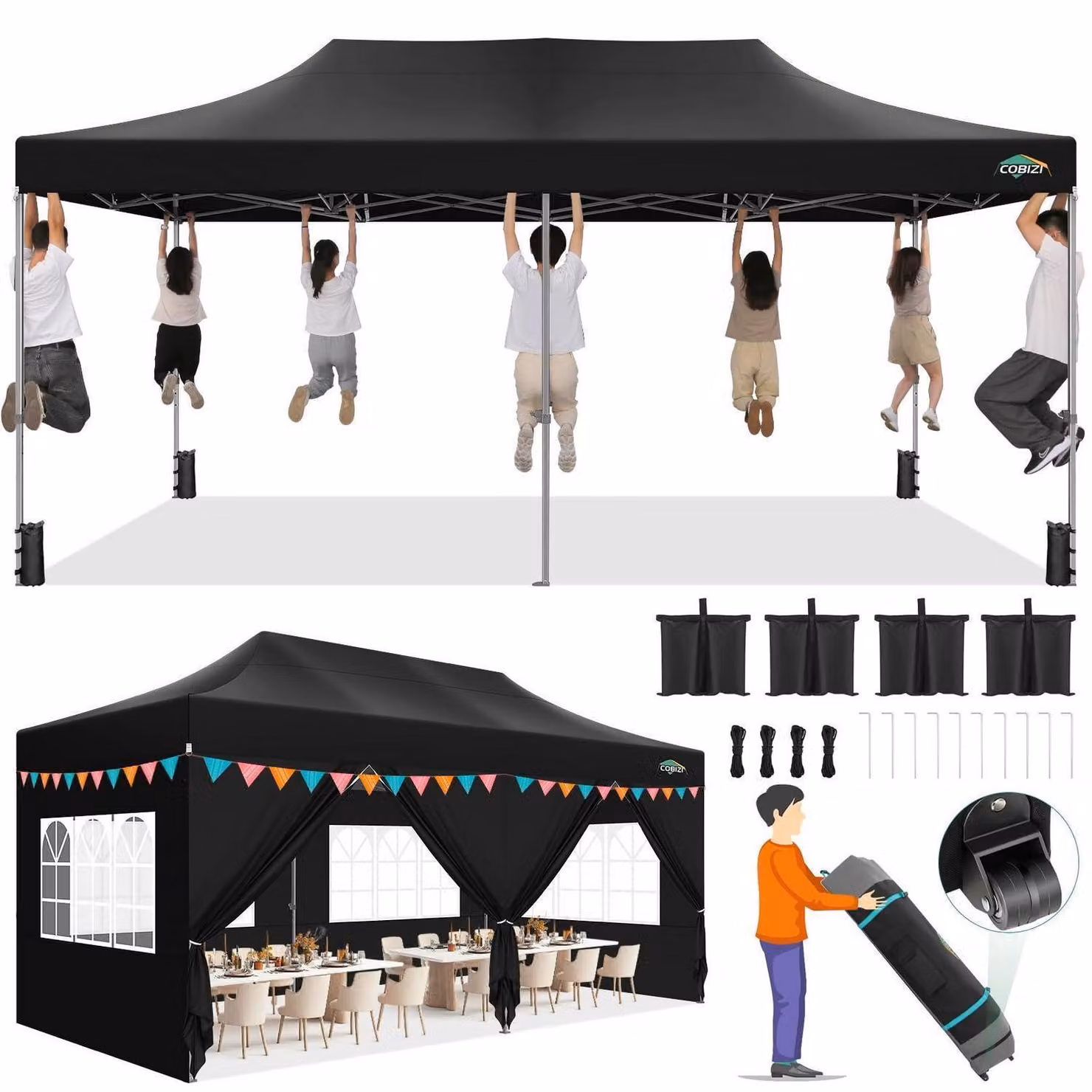 Gazebo da esterno 3x6 metri, impermeabile, con protezione UV e 6 pareti laterali, colore nero