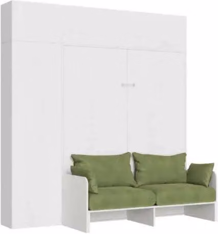 Letto matrimoniale a scomparsa Kentaro con divano e mobili, bianco frassino e verde