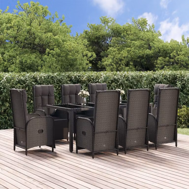 Set da pranzo da giardino vidaXL in polyrattan nero con 9 pezzi e cuscini