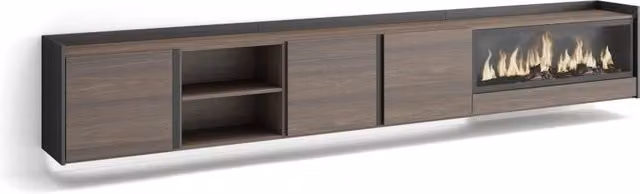 Mobile TV Soggiorno, 315x50x35 cm, Per TV fino a 80", Camino elettrico XXL, Sospeso, da appendere, LED, Rovere scuro e Nero