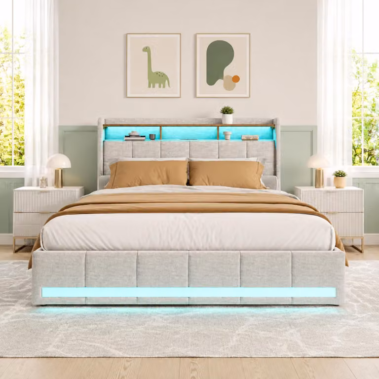 Letto imbottito INONEFT, 160x200 cm, tessuto in lino, color beige. Letto matrimoniale con 4 cassetti e illuminazione LED. Testiera con spazio contenitivo e porta USB Type-C. Letto funzionale per ragazzi, completo di rete