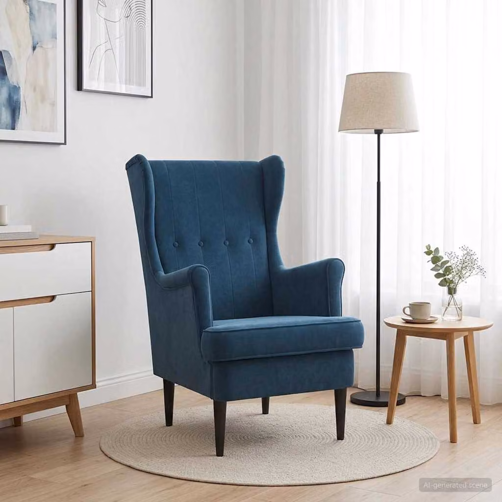 Poltrona moderna vidaXL in velluto blu con braccioli e struttura in legno e metallo