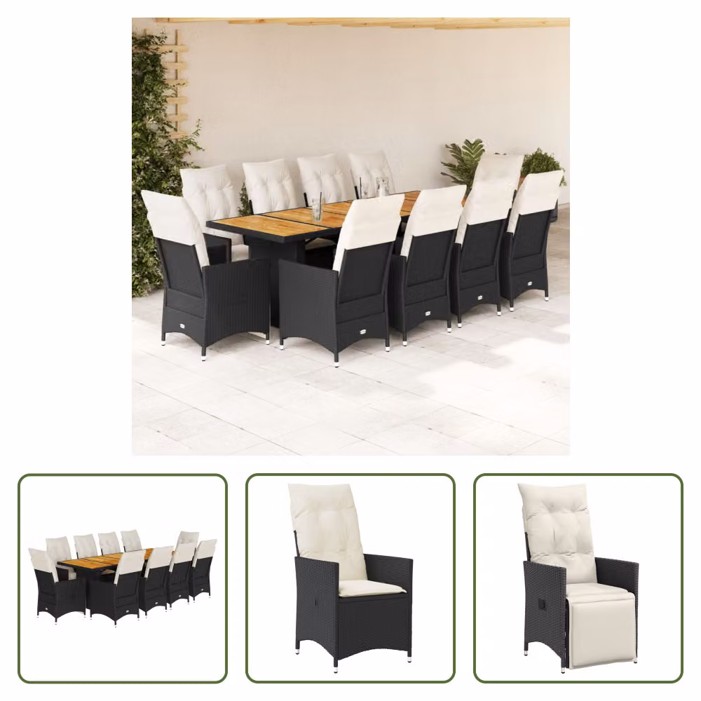 The Living Store Set bistrot da giardino da 11 pezzi con cuscini in poly rattan nero
