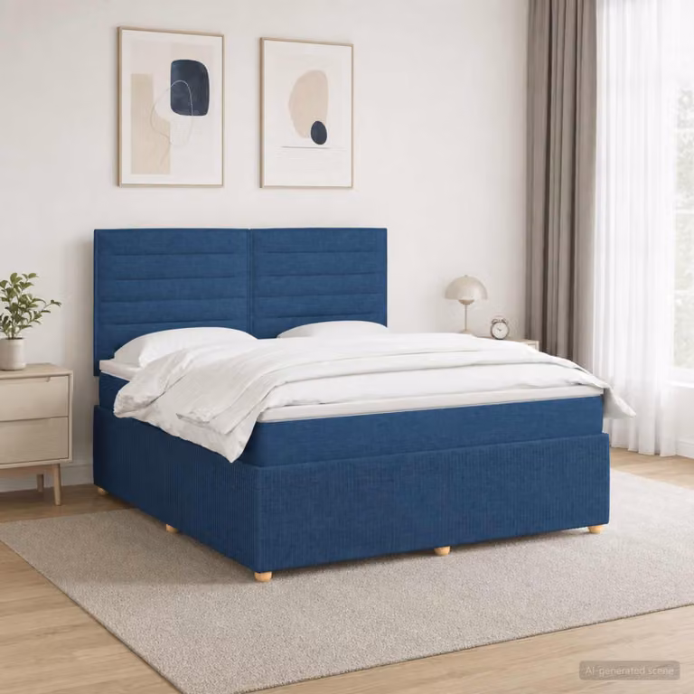 Letto Box Spring vidaXL con Materasso Ibrido e Illuminazione LED, Blu e Bianco, L/P: 160 x 200 cm