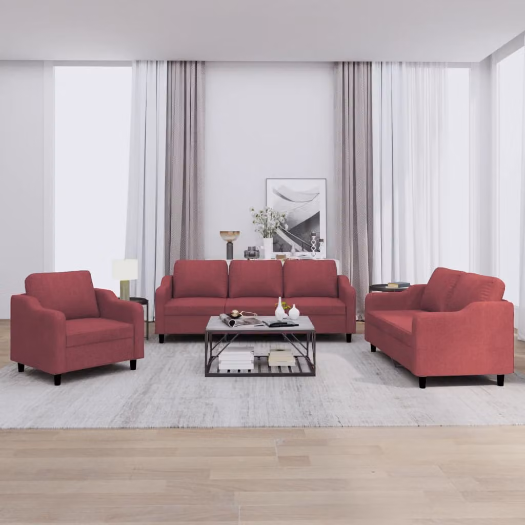 Set di divani 3 pezzi vidaXL in tessuto rosso con cuscini per soggiorno moderno – 1