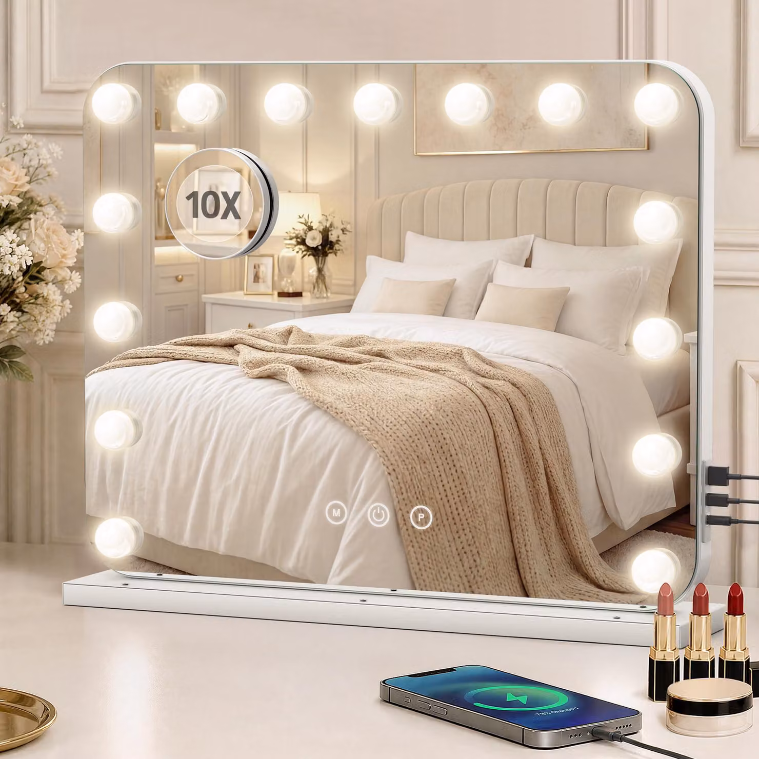 Specchio da trucco Hollywood con luci LED, 15 lampade, dimmerabile, 3 modalità, controllo touch, porta USB-C