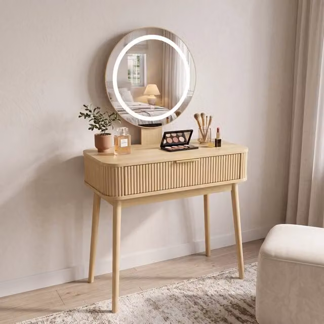 Toeletta con specchio rotondo LED a 3 modalità cassetti capienti finitura rovere 80 × 40 × 133 cm