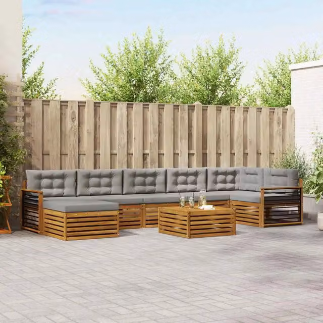 Set di divani da esterno a L vidaXL in legno di acacia con tavolino e pouf, colore grigio, 8 pezzi – 1