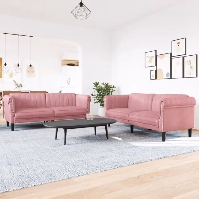 Set di 2 divani moderni vidaXL in velluto rosa con funzione letto e cuscini inclusi, struttura in legno massiccio, L: 203 cm x P: 74 cm x H: 77 cm