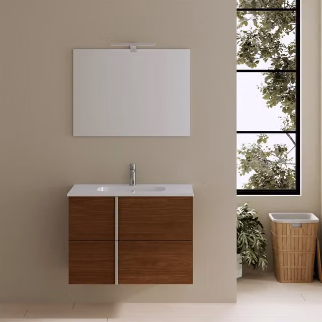 Mobile da bagno sospeso 100cm noce scuro con lavabo e specchio | Hoia