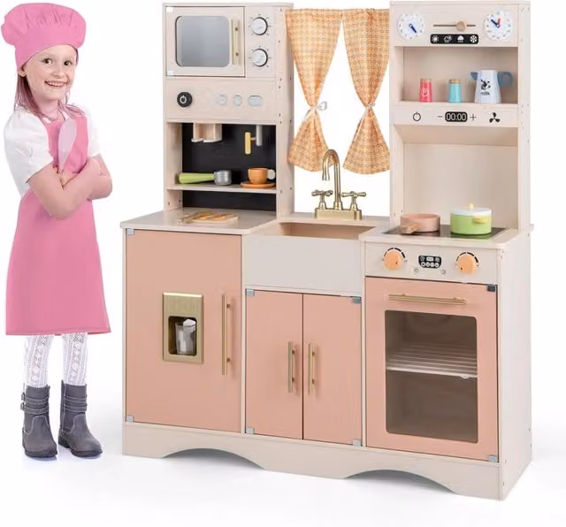 Cucina giocattolo HELLOSHOP26 in legno e plastica, colore rosa e bianco, con accessori, L: 102 cm, P: 35 cm, H: 110 cm
