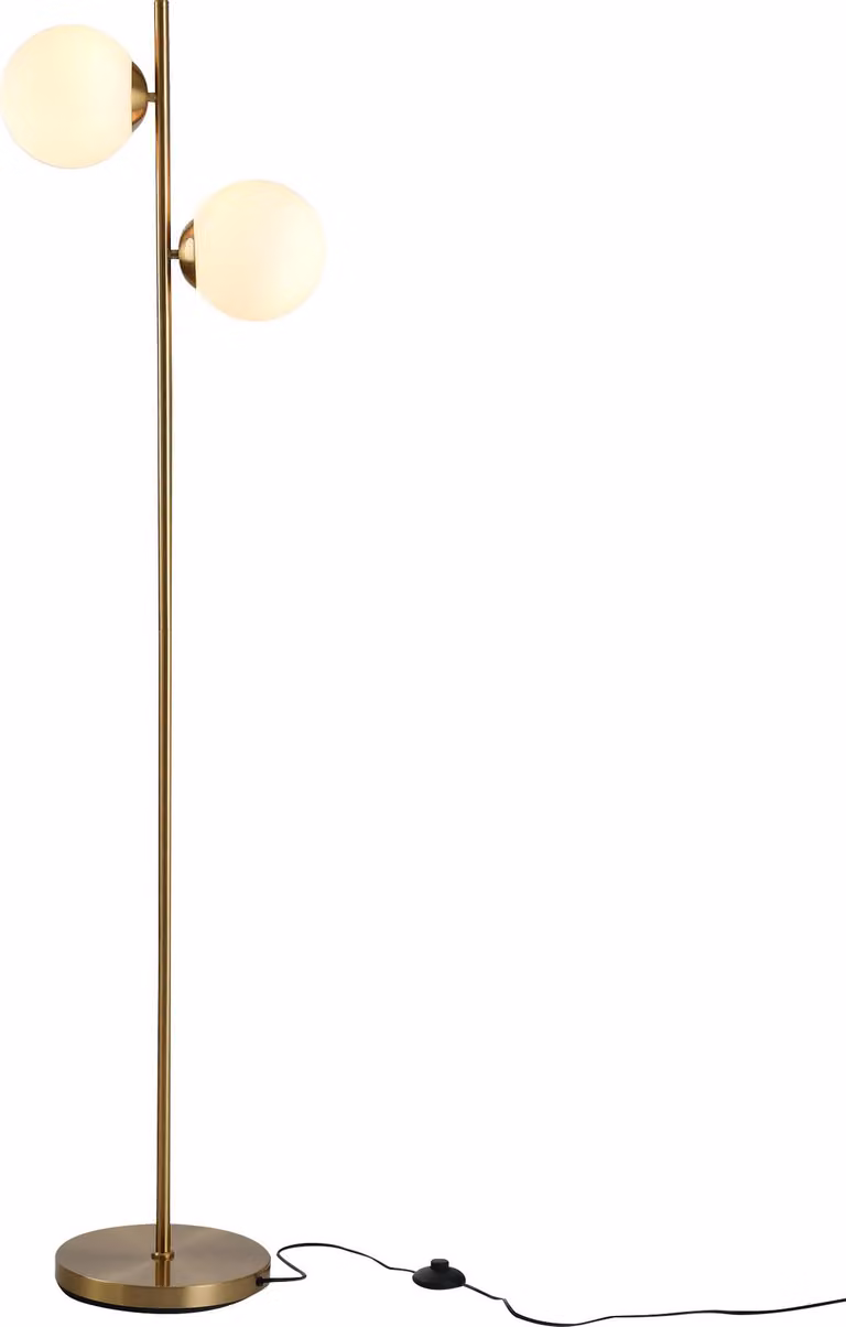 Lampada da terra Moonbite, 165 cm, lampada da terra a due luci con due paralumi in vetro, interruttore a pedale, illuminazione uniforme senza zone d'ombra, base in metallo antiscivolo, acciaio, finitura dorata