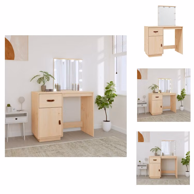 vidaXL Tavolino da toilette con LED 95x50x133,5 cm in legno di pino massiccio - Tavolini da toilette