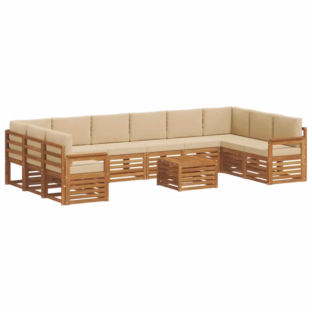 Set di divani da esterno vidaXL in legno di acacia con forma a L e tavolino da caffè, 11 pezzi, Beige e Marrone – 2