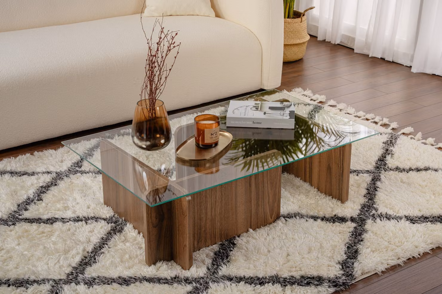 Skye Decor, Flavio - Walnut, tavolino, noce, vetro temperato al 100%, 105 x 65 x 30