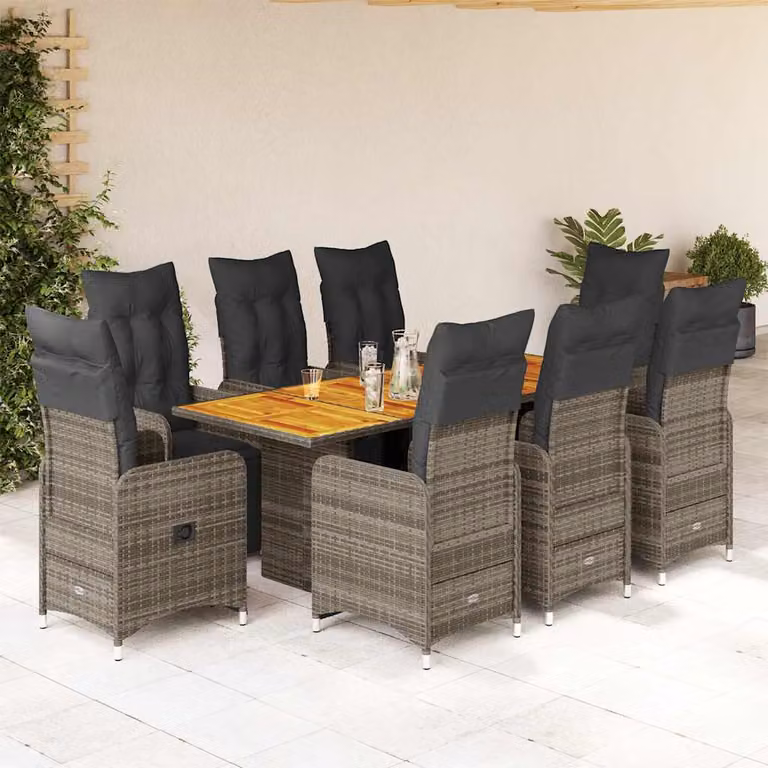 Set Bistrò da Giardino vidaXL in Polyrattan e Legno di Acacia Grigio con 9 Pezzi e Cuscini