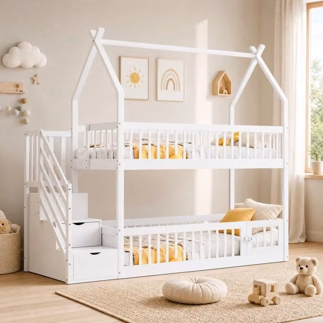 Letto a castello per bambini 90x200 cm in legno massello bianco con tetto; scala e cassetti