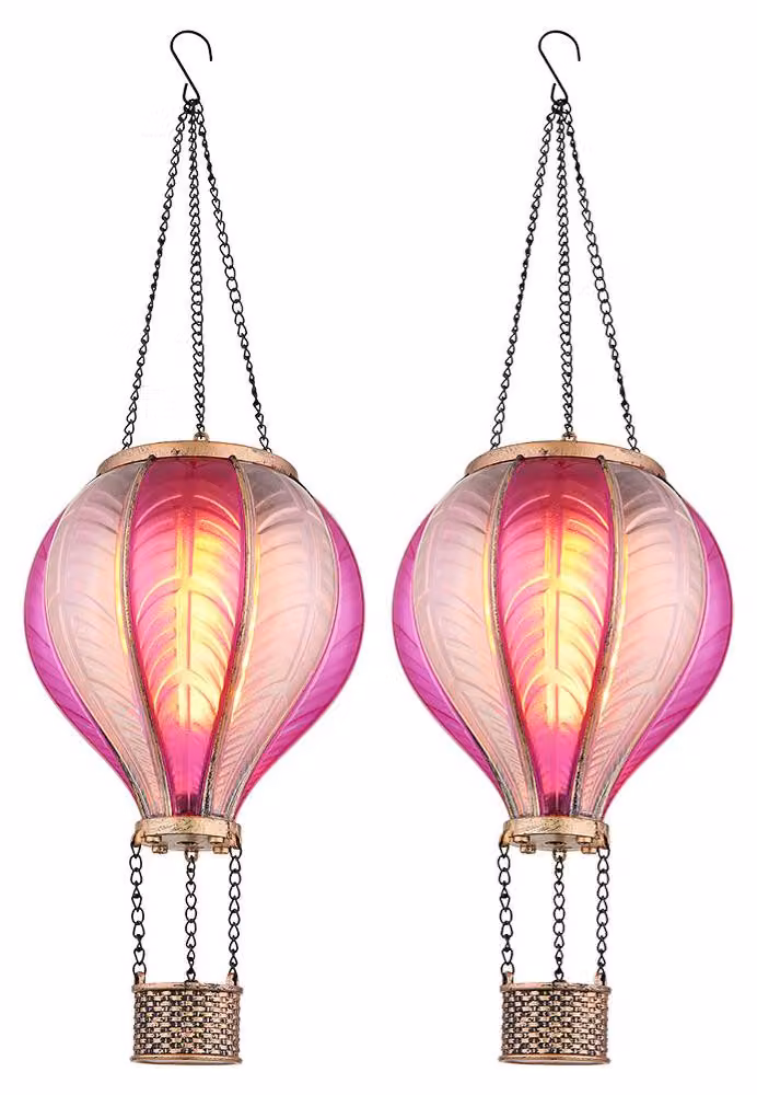 Lampada solare a LED (2 luci), mongolfiera, rosa, effetto fuoco, H 46,5 cm