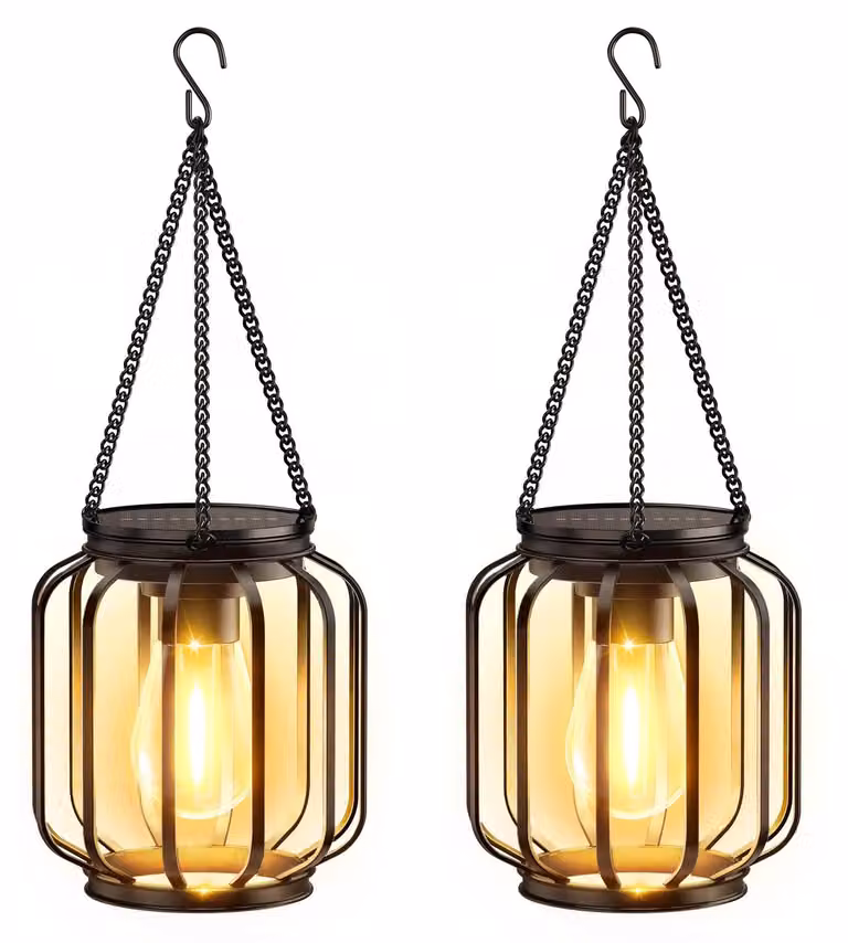 Lampade a sospensione solari, set da 2, in metallo, cilindriche, nere, grado di protezione IP65, con gancio e catena