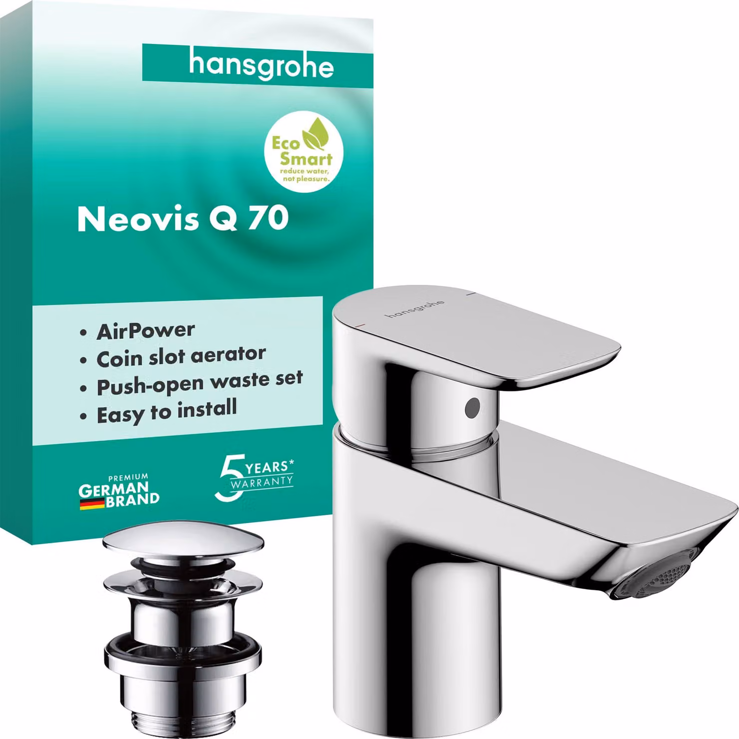 Rubinetto per lavabo, cromato, con tappo a spinta e scarico, portata di 5 litri al minuto, altezza 63 mm