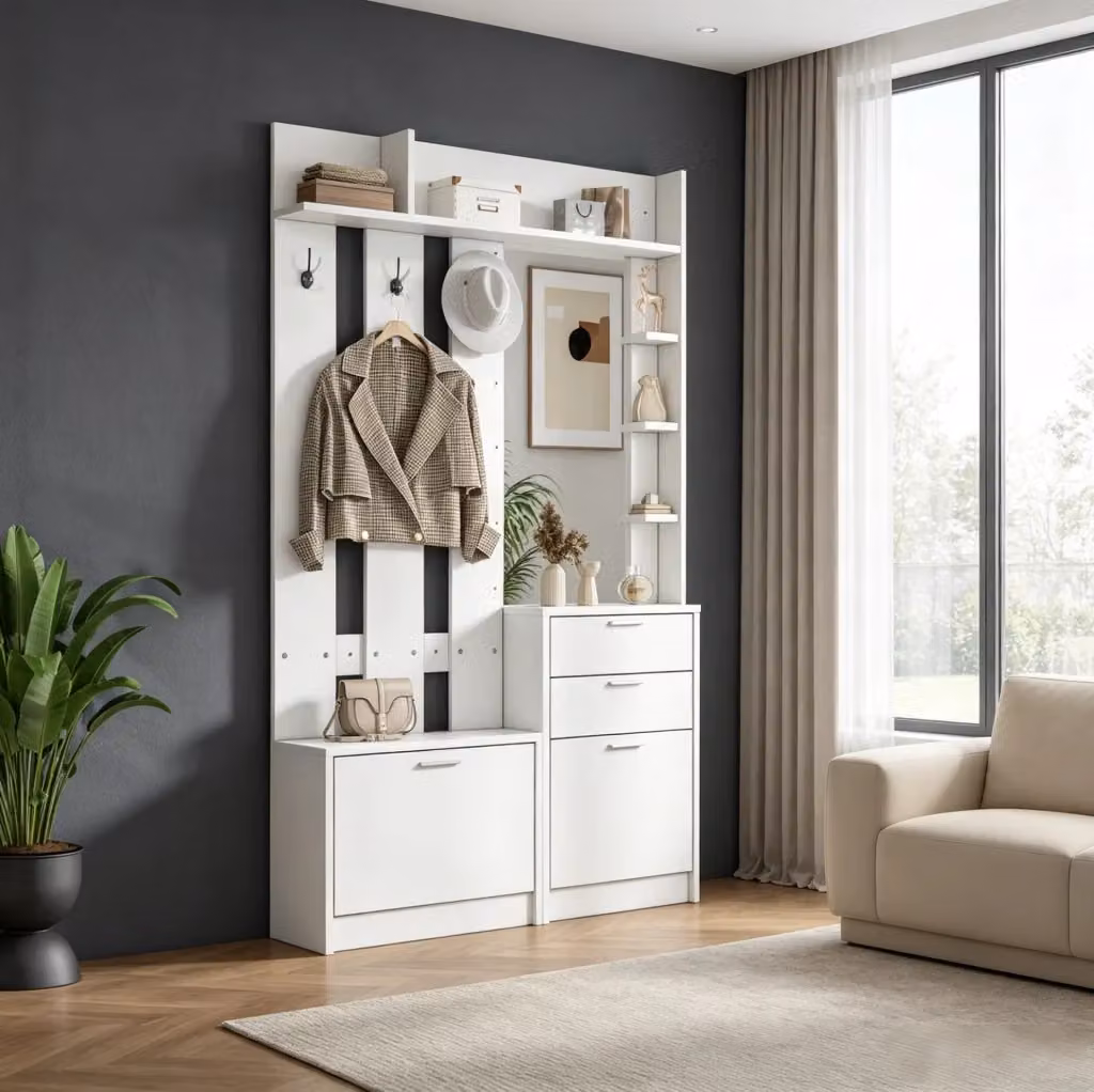 Armadio guardaroba da ingresso moderno con specchio e scarpiera, bianco, L: 49,05 cm, P: 34 cm, H: 185 cm – 2