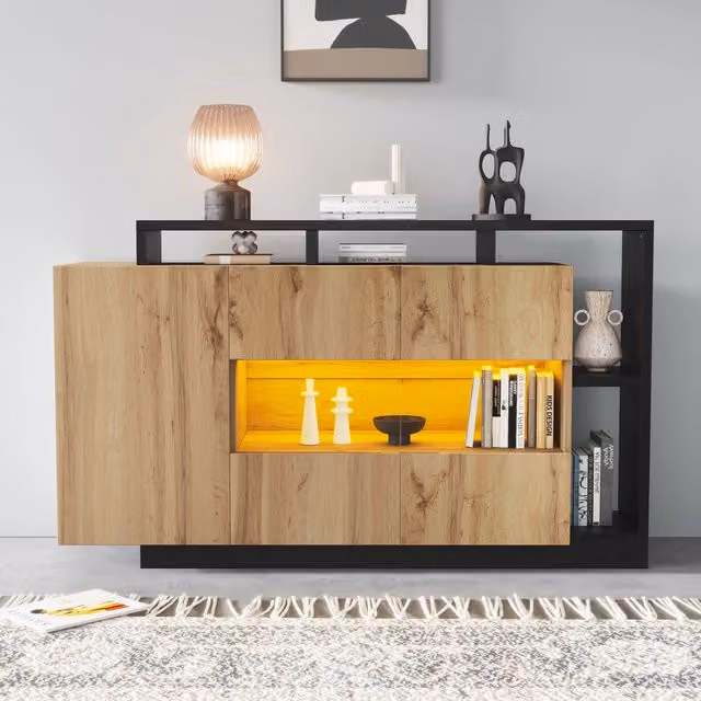 Credenza con LED RGB e vani chiusi controllabile via Bluetooth in MDF con pannello acrilico 140 × 44 × 94 cm