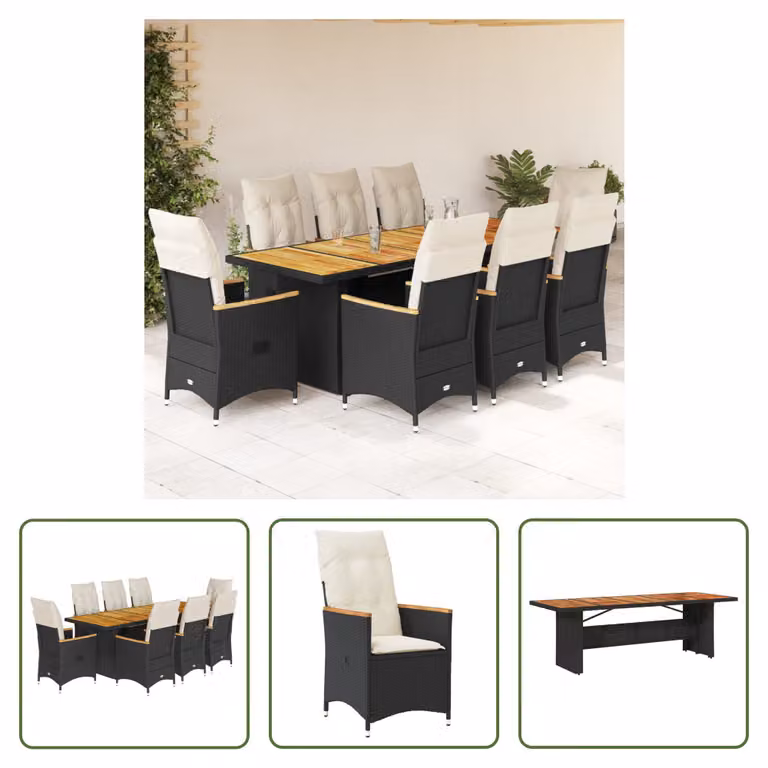 The Living Store Set bistrot da giardino da 9 pezzi con cuscini in poly rattan nero