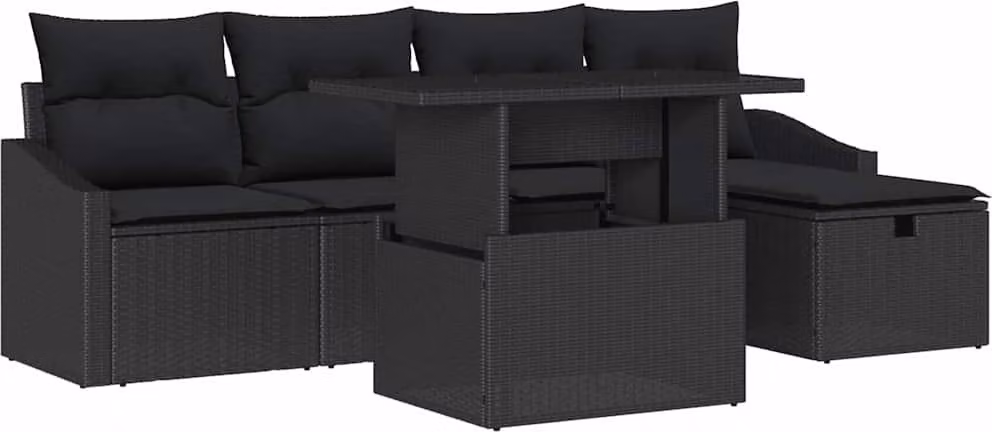 Set Divano da Giardino con cuscino 6 pcs Nero polyrattan