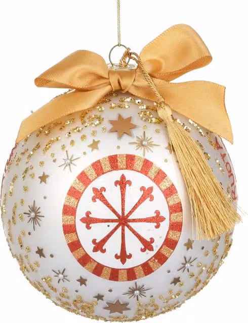 Pallina decorativa Kasanova in vetro bianco con motivo geometrico a stelle, diametro 12 cm
