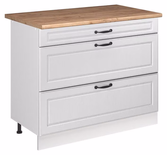 Mobiletto base per cucina Vicco R-Line Bianco country/Bianco 100 cm piano di lavoro Rovere dorato, Model 71521