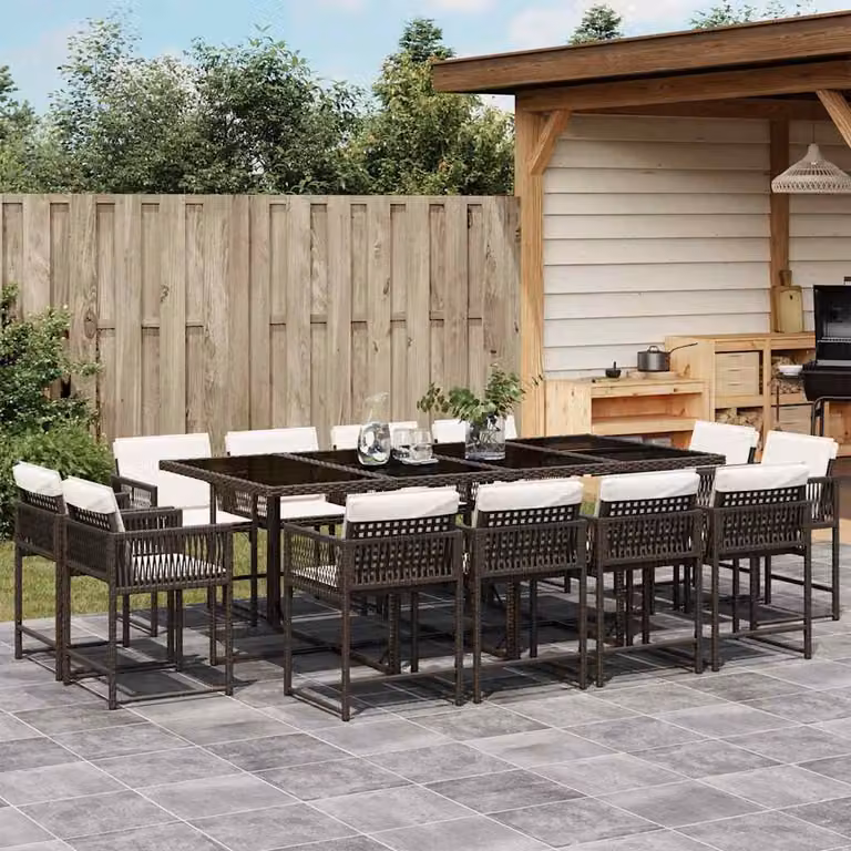 Set da pranzo da giardino vidaXL in polyrattan marrone con cuscini e tavolo in vetro per 13 persone