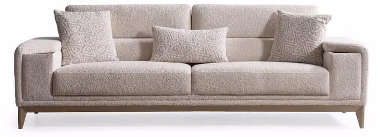Divano beige, 3 posti, rivestito in tessuto, struttura in legno, design moderno e contemporaneo, tinta unita, imbottitura confortevole