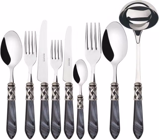 Set di posate Aladdin Ghiera Argento Anticato in acciaio inossidabile con scatola Wenge, 75 pezzi, colore nero e argento