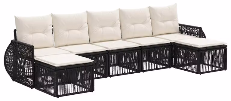 Set da giardino composto da 7 pezzi, in rattan sintetico nero e crema