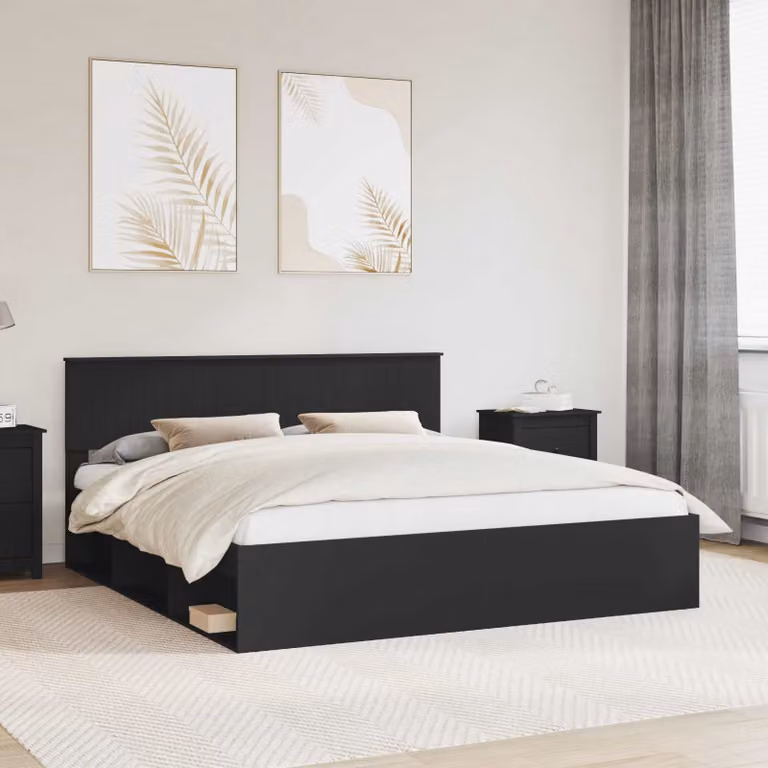 Struttura del letto vidaXL in pino massello e legno, colore nero, L 180 x P 200 cm